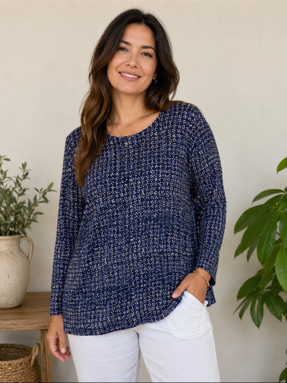 Pure J.Jill Navy Printed Long Sleeve Tunic Top Size L, Soft Stretch Casual